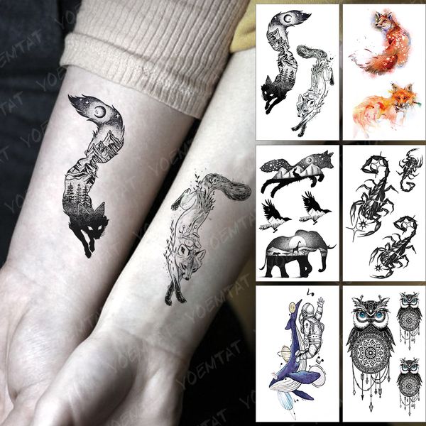 Adesivo de tatuagem temporária à prova d'água 3D Raposa Céu Montanha Flash Tatoo Floresta Sol Lua Braço Pulso Tatuagem Falsa Para Arte Corporal Mulheres Homens