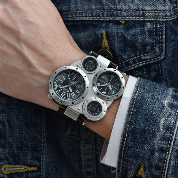 Oulm HP9415 Sport Uhren Dual Time Zone Quarz Armbandwatch Dekorative Kompass Thermometer Mode Leder männliche Watch302v