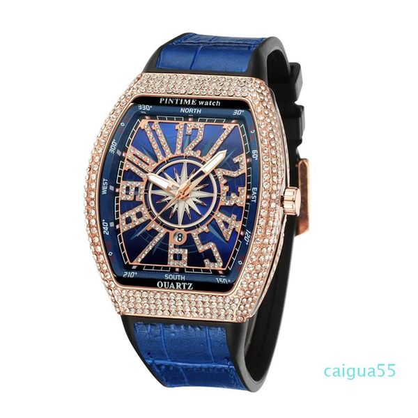 Elegante blaue Mode-Luxusdesigner-Diamant-Alligatorlederarmband-Kalenderdatum-Quarzbatterie-Uhren für Männer und Frauen254q