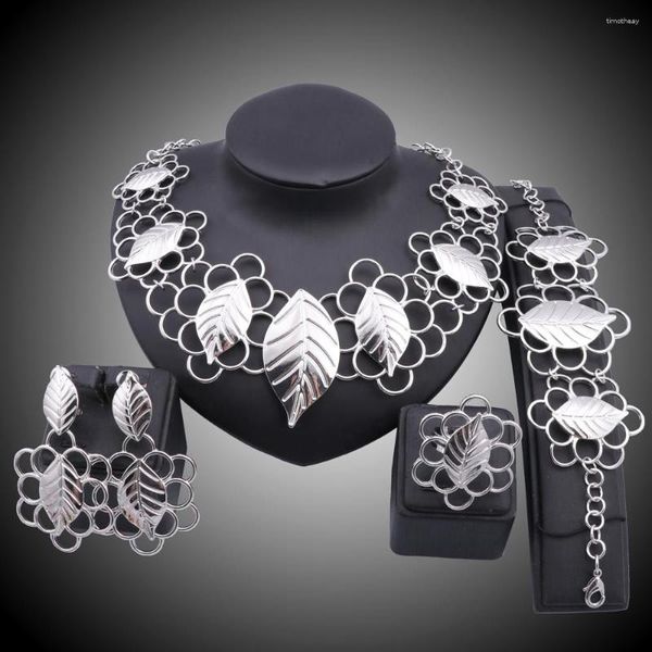 Halskette Ohrringe Set Afrikanische Frauen Perlen Blätter Stil Ohrring Ring Armband Gold Silber Farbe Statement Accessoires Schmucksets