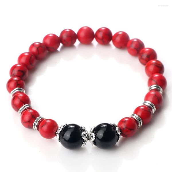 Strand Braccialetti di pietra rossa naturale 8mm Agate Perline rotonde nere lucide Braccialetti elasticizzati per donna Uomo Gioielli di fascino Coppia regalo