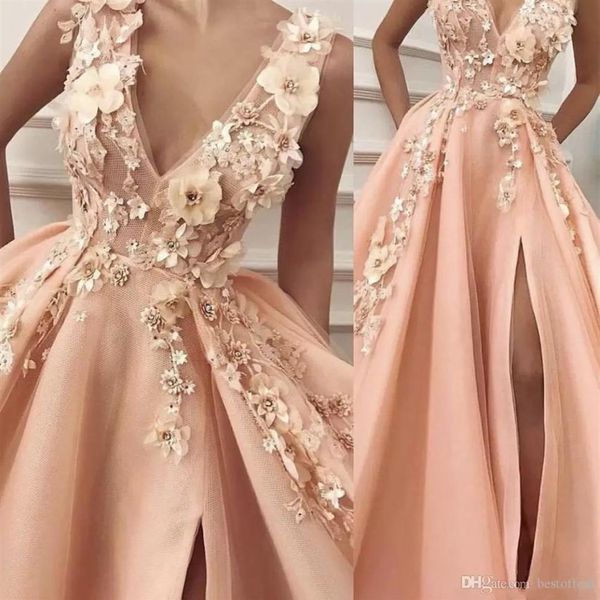 Mais novos vestidos de baile pêssego 2022 decote em V flores feitas à mão 3D fenda lateral tule até o chão vestidos de noite vestidos rosa vestidos femininos B291g