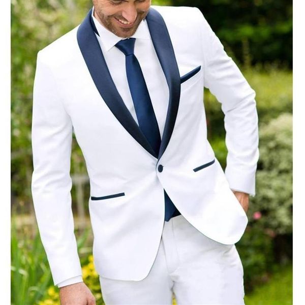 2020 One Button White Man Wedding Groom Smoking da uomo Abiti Blu scuro Scialle Risvolto Custom Made Business Slim Fit Mans Suit Jac215l