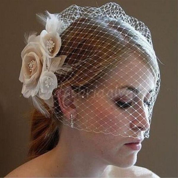 Ucuz Zarif Şampanya Çiçek Kuş Kafası Yüz Peçe Gelin Şapkalar Tarak Düğün Başlık Saç Aksesuar 336G
