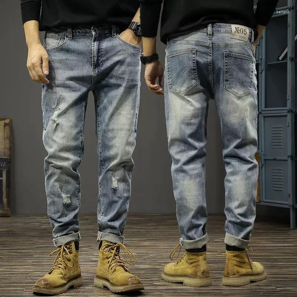 Jeans Masculino Ly Vintage Fashion Men Retro Blue Stretch Slim Fit Buraco Rasgado Calças Denim Designer Casual Hombre