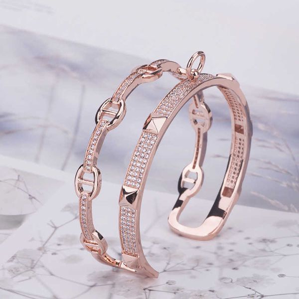 Acessórios de moda Exquisite h Ouro Rosa Pulseira de Diamante Cobre Banhado a Ouro Cinto com Fivela Oval Dois em Um Anel Jóias