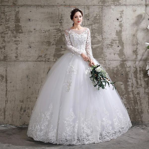 Vestido de noiva de flores 2021 Novo estilo Bride Plus Size Apliques Vestidos de noiva Dreamy Sleeve completa vestidos de bola de manga cheia