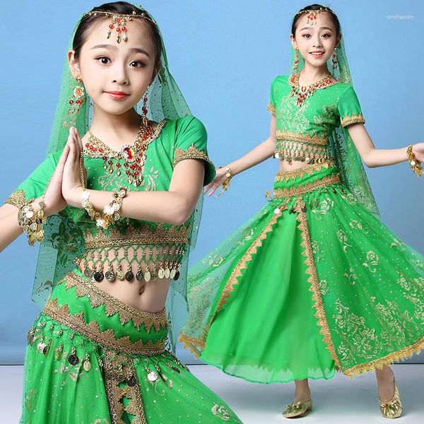 Spor giyim Bollywood kostüm Set Kid Hindistan Dans Elbise Göbek Kıyafetleri Dans Dans Performans Şifon Takım 4pcs/Set