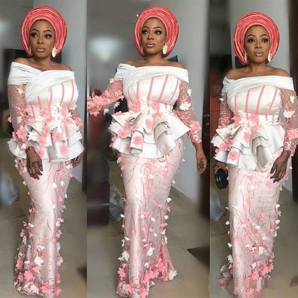 Vestidos de noite sereia de renda nigeriana 2019 Ilusão babados corpete estilo Aso Ebi vestidos de formatura 3D apliques manga longa formal 2794