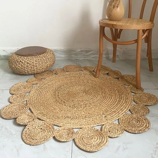 Tapete Carpete 100 Pura Fibra Vegetal Natural Tapetes para Decoração de Casa Tapetes Modernos Água Reed Grama Circular Redondo Tecelagem Estilo 230721