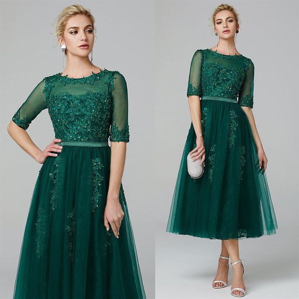 Olivgrünes, teelanges Mutter-der-Braut-Kleid mit halben Ärmeln für Hochzeitsfeier-Gastkleider, formelle Abendkleider289q