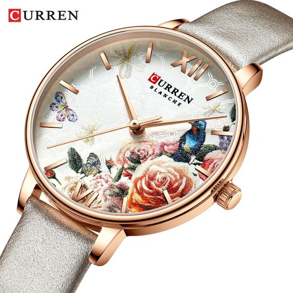 Curren Beautiful Flower Design Watch Watch Fashion Casual Кожаные наручные часы.