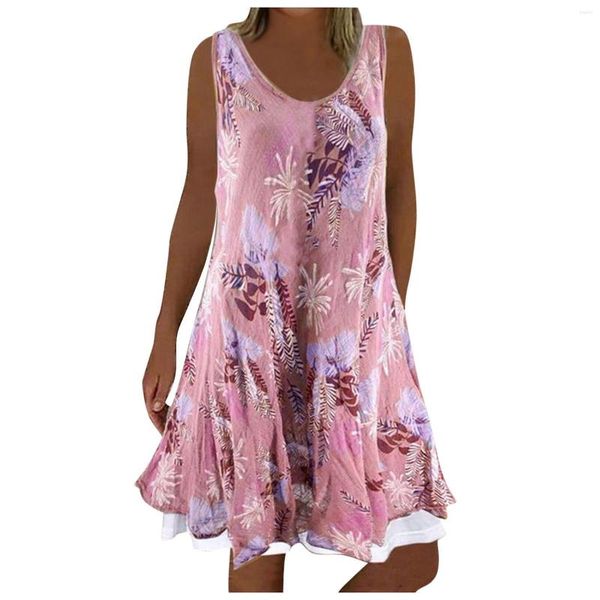 Vestidos casuais femininos geométricos estampados florais moda vestido na altura do joelho 3d 2023 primavera/verão sem mangas senhoras linha A