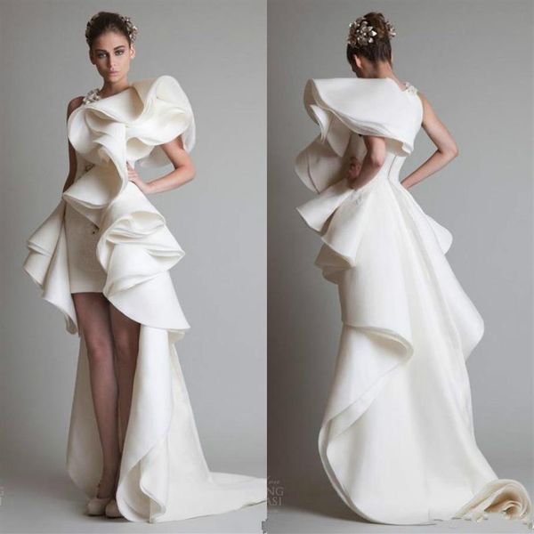 Modest Krikor Jabotian Luxury Ruffles Abiti da sera alti e bassi Sweep Train Prom Dress Guaina Abiti da festa formale Custom Made218t