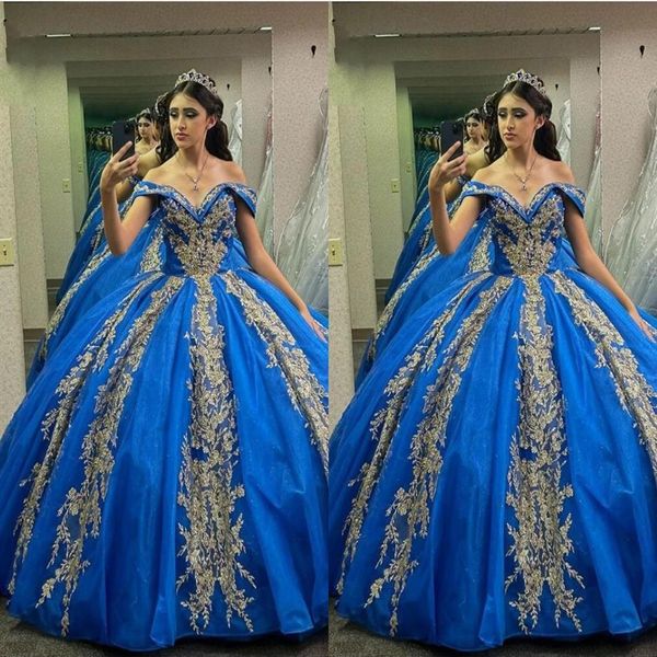 2023 Королевские голубые и золотые платья Quinceanera от плеча цветочных аппликаций жемчужины принцесса сладкое 16 платья вечеринка 228L