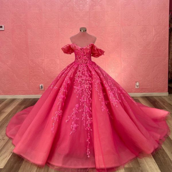 Rosa vermelha fora do ombro vestidos quinceanera 2024 renda brilhante tull vestido de baile doce 16 vestido de princesa gala de 15 anos