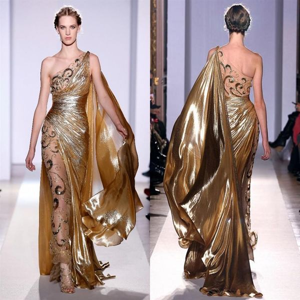 Haute Couture Applikationen Gold Abendkleider Lange Meerjungfrau One Shoulder mit transparenten Vintage Pageant Prom Gowns247D