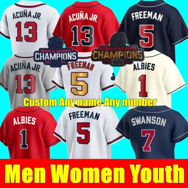Nuove maglie da baseball 2022 uomini donne giovani Ws Gold Programma Jersey Dansby Swanson 13 Ronald Acuna Jr. Ozzie Albies 28 Matt Olson Freddie
