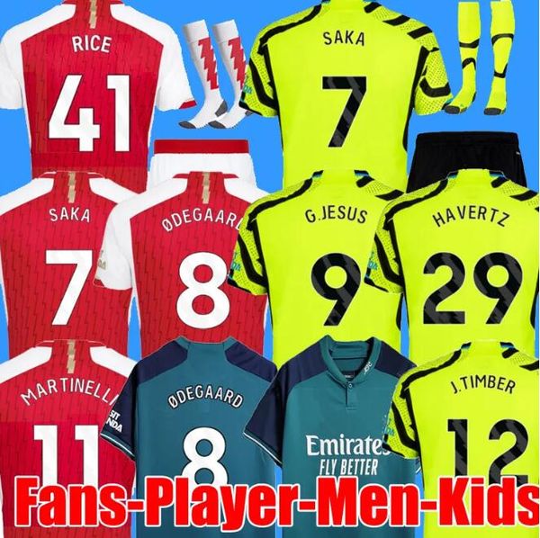 camisas de futebol SAKA HAVERTZ G. JESUS ROWE SALIBA Versão do jogador MARTINELLI ODEGAARD THOMAS NKETIAH RICE TIERNEY 2023 2024 tops juvenis camisa de futebol Masculino Kids kit away