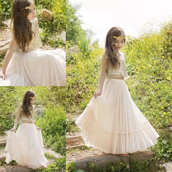 2018 Bellissimi due pezzi Boho Flower Girls Abiti con paillettes Pizzo Chiffon Champagne Prom Abito da spettacolo per adolescenti Abiti da sposa per bambini290F