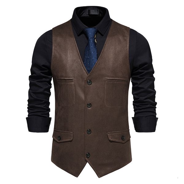 Ternos Masculinos Blazers Vintage Café Camurça Couro Terno Colete Masculino Marca Sem Mangas Casual Colete Ocidental Colete Masculino Festa Gilet Traje Homme XXL 230721