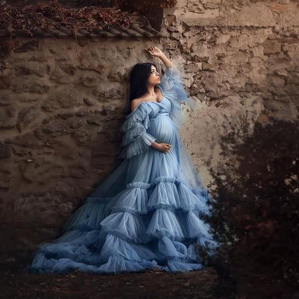 Mutterschaft Frauen Abendkleider Blau Rüschen Spitze Kleid für Poshoot Boudoir Dessous Tüll Roben Bademantel Nachtwäsche Babydoll Rob250j