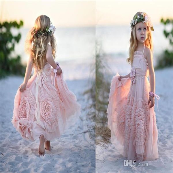 Halter A Line Ribbon Floor LENGTH Ruffles Blush Pink Beautiful Special Custom Made Flower Girl Dresses 247q