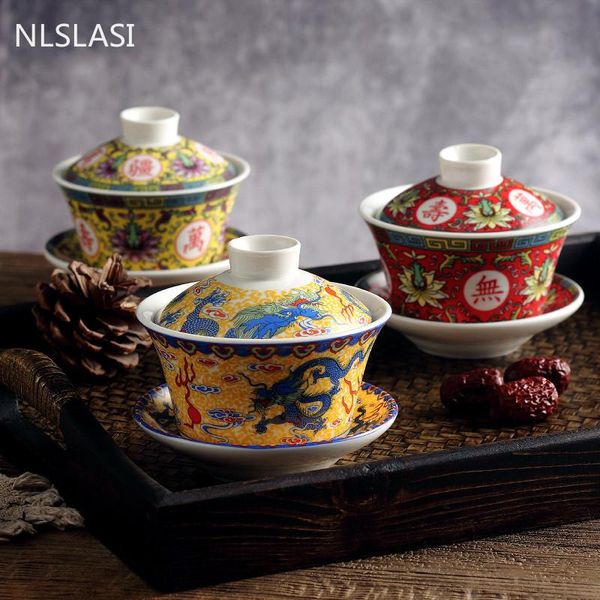 Boormachine chinês azul e branco porcelana chá tureen cerâmica flores coloridas gaiwan pintados à mão xícara de chá casa drinkware decoração artesanato