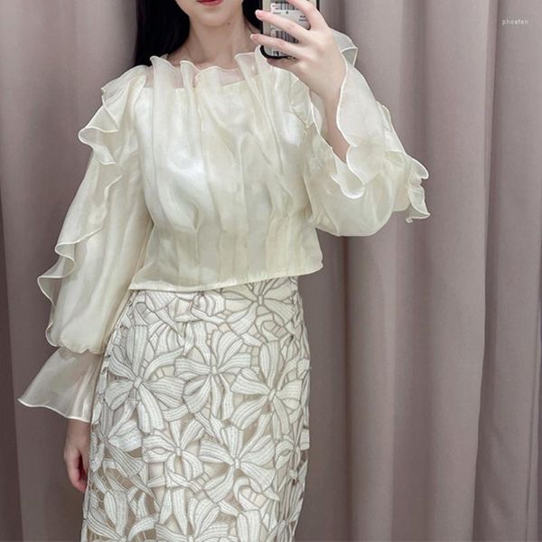 Женские блузки Dutriueux 2023 Spring Solid Color Rufffle Ruffle Lied Flare рукав рубашка Японский шифон o Neck Blusas Mujer Glossy Short