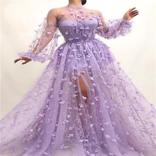 2020 Sexy A Line Prom Promes Lilac 3D цветы аппликации с длинными рукавами вечернее платье дешевое плюс размеры африканское формальное платье для вечеринки BC39271J