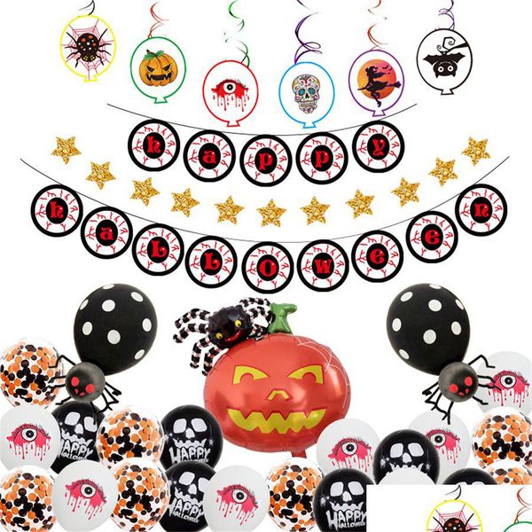 Decoração de festa 4 estilos Conjunto de balões de Halloween Horror Eye Pl Bandeira Látex Folha de alumínio Balões Festival Pendurados Jk1909 Drop Delivery Dh9Yv