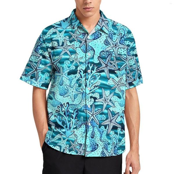 Camisas casuais masculinas com estampa de recife de coral estrela do mar camisa de férias Havaí Y2K blusas masculinas gráfico plus size 3XL 4XL