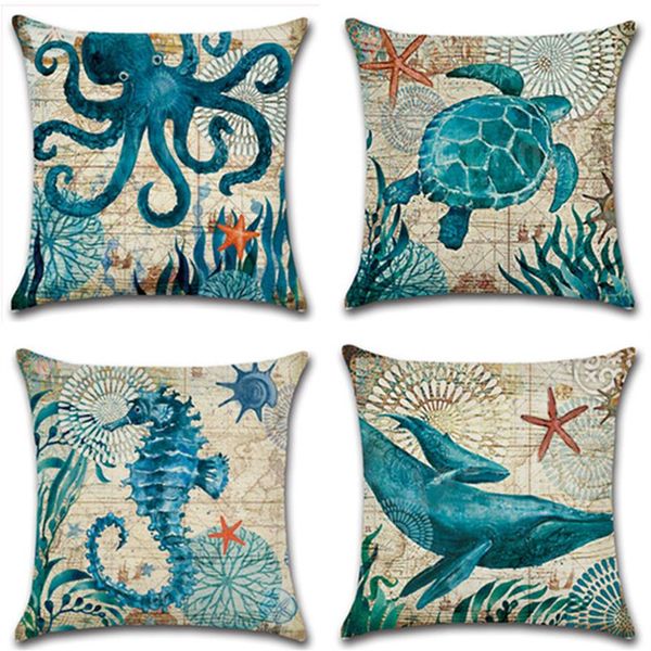 45cm 45cm Sea Turtle Conch Fodere per cuscini in cotone e lino Federa per divano Design animale Quadrato 18in 18in Cuscino Cover261l