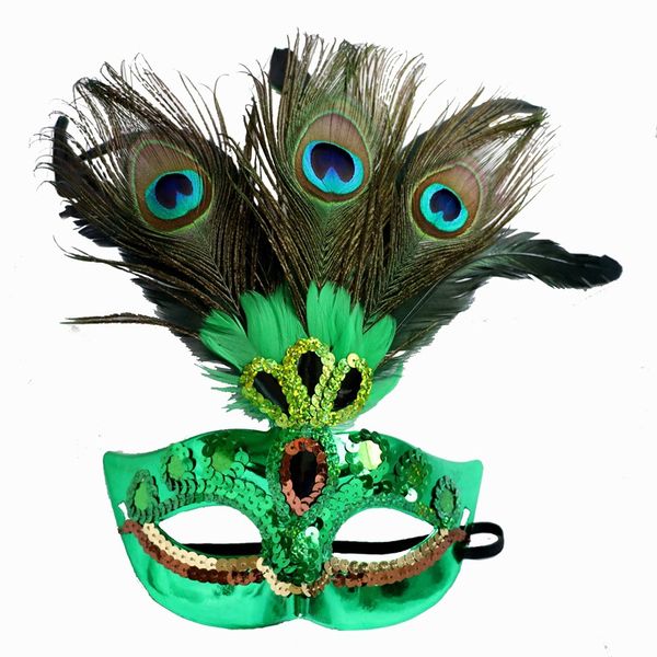 Máscara Masquerade Mulheres Máscara de Penas de Pavão Máscara de Mardi Gras Azul Verde Metal Brilhante Strass Para Decoração de Festa de Natal