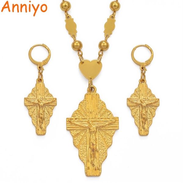 Anniyo Hawaii Jesus Schmuckset Kreuz Anhänger Halsketten Ohrringe Damen Mädchen Goldfarbe Guam Mikronesien Chuuk Pohnpei #212306 2012262T