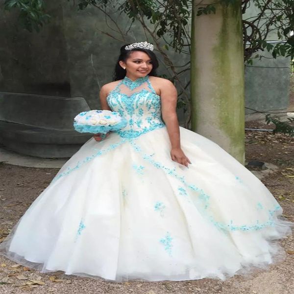 Белые платья Quinceanera 2019 кружевные блюда Blue Appliques бирюзовый бальный платье Тул плюс Sweet 15 Girls Prom Part