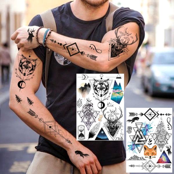Lobo Triângulo Raposa Tatuagens Temporárias Para Crianças Homens Tatuagem de Flor de Alce Falso Corpo Braço Mãos Montanha Tatuagem Pena Onda Geométrica