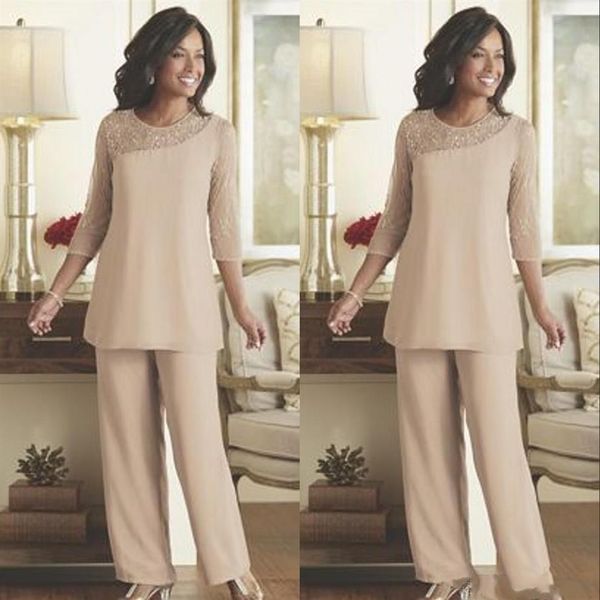 Elegante Spitze Hosenanzüge für die Mutter der Braut 2020 Sommer Chiffon Maßgeschneiderte 3/4 lange Ärmel Hochzeitsgast tragen Mutterkleid Suit250t