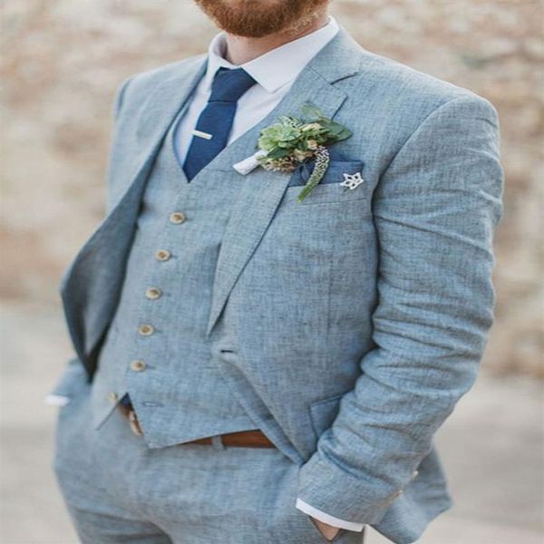 2018 Sommeranzüge Neueste Mantel-Hose-Designs Hellblaue Leinen-Hochzeitsanzüge für Männer Strand Slim Fit Bräutigam Maßgeschneiderter 3-teiliger Smoking-Anzug277b