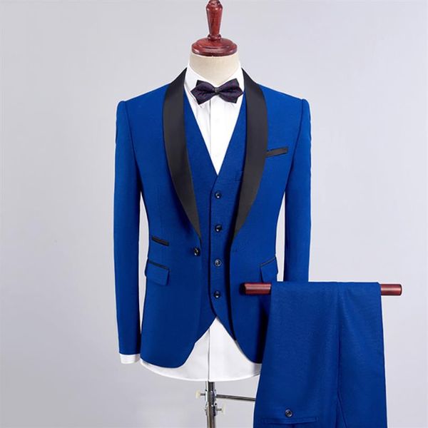 Königsblaue Herrenanzüge 2020 Hochzeit Marineblau Slim Fit Bräutigam Smoking Burgunderroter männlicher Blazer Schwarzer Schalkragen Prom Wear 3-teilige Jacke 305k