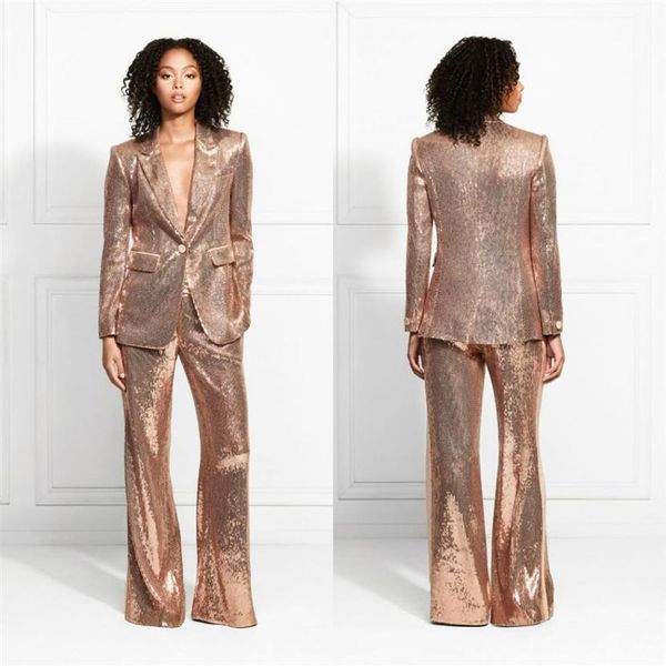 2020 Abiti da sera con glitter oro Vestito di pantaloni Scollo a V Un bottone Lungo senza maniche Abito da ballo Lunghezza del pavimento Custom Made Formal Party Sui264N