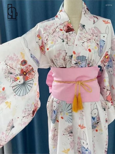 Abbigliamento etnico Luck A Peach Blossom Wish Yukata Set Accappatoio estivo carino Cosplay con cintura Fiocco Colori rosa / rosso / blu
