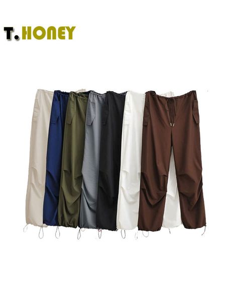 Calças Femininas Capris TELLHONEY Moda Feminina com Cordão Plissado Calça Cargo Baggy Feminina High Street Chique Cintura Baixa Perna Larga Jogging Parachute Calças 230721