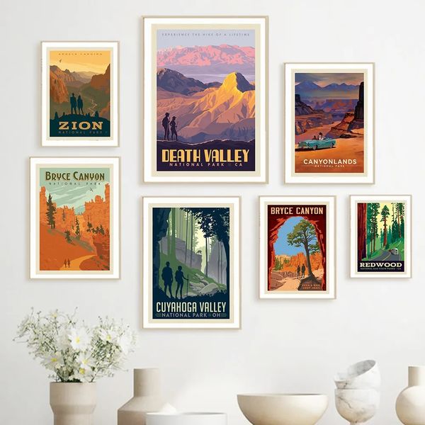 Nationalpark Berg Vintage Retro Landschaft Leinwand Malerei Druck Kunst Reise Städte Poster Wand Kunst Bild für Wohnzimmer Dekor w06