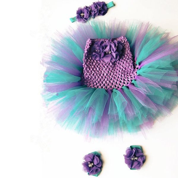 Cute Baby Girls Flower Crochet Tutu Dress Girls Tulle Dress con Hairbow e Foot Rings Set Newborn Birthday Party Costume Dress