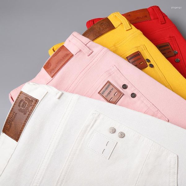 Jeans Masculino Estilo Clássico Moda Negócios Calças Casuais Straight Slim Denim Calças Elásticas Branco Vermelho Amarelo Masculino Marca