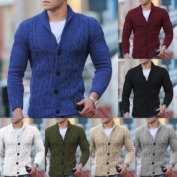 Autumn Sweeters masculinos Moda Britânica Polo Lapeel Top Button Solid Slim Fit Knitt Cardigan Coat Male