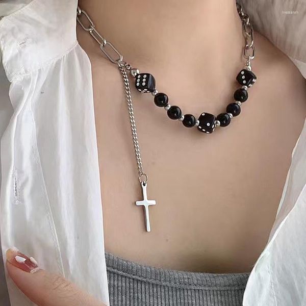 Halsband, schwarze Würfel-Halskette, Mädchenkette, modisches Kreuz, vielseitig einsetzbar