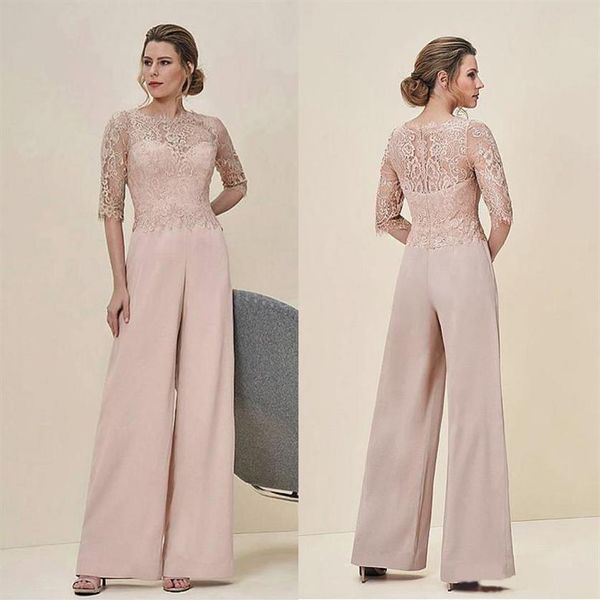 Tute Pizzo Madre della sposa Pantalone Bateau Collo Mezze maniche Abito da ospite di un matrimonio Chiffon Taglie forti Abiti da sposo per madri260v