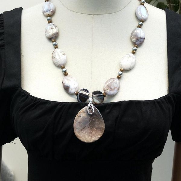 Anhänger Halsketten Lii Ji Grau Braun Farbe Frauen Halskette 68 cm Achat Shell Perle Hämatit Holz Jaspis Lager Verkauf Schmuck